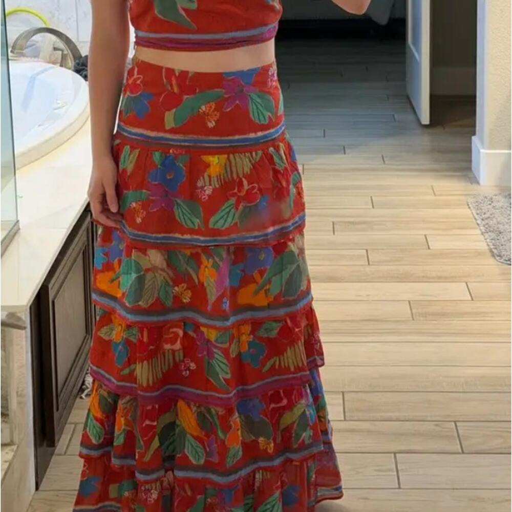 Marie Oliver Red Floral Tiered Ruffle Maxi Skirt SIZE 2 Boho Vacation Full $425 - Picture 6 of 13